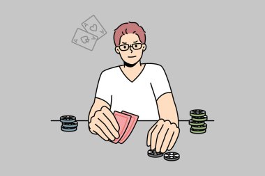 Young man playing poker. Male gamer engaged in gambling enjoy card game at table. Vector illustration. 