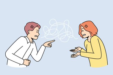 Couple fight involved in toxic relationship blaming each other. Man and woman argue lead to breakup or divorce. Relation problem. Vector illustration. 