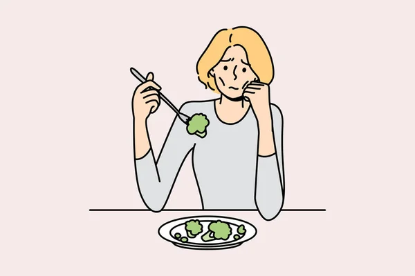 Unhappy Anorexic Woman Suffer Eating Food Upset Stressed Skinny Female — 스톡 벡터