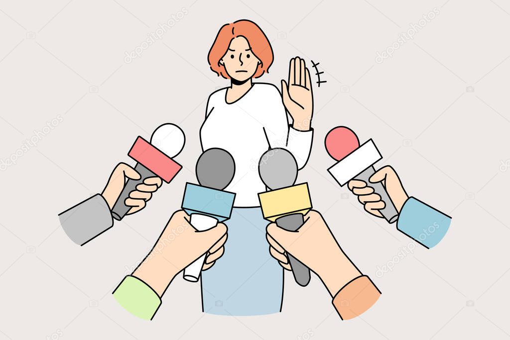 Woman make no comment gesture at interview with reporters. Determined female show stop hand sign refuse talk with journalists. Vector illustration. 
