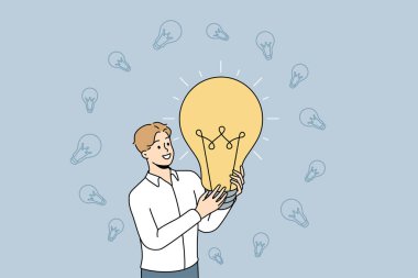 Happy businessman holding lightbulb excited about creative business idea. Smiling man employee generate innovative project. Innovation concept. Vector illustration. 
