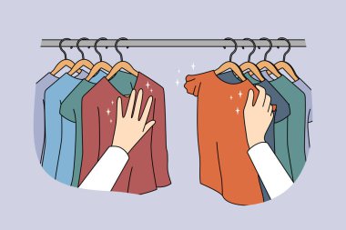 Person choosing clothes on hangers in shop. Client or customer renew wardrobe buying garment in boutique. Shopping and consumerism. Vector illustration. 