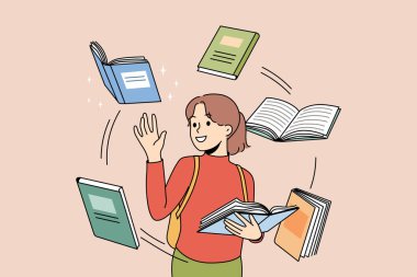 Happy girl child reading book fond of novel or fairytale. Smiling kid booklover engaged in literature. Education and knowledge. Vector illustration. 