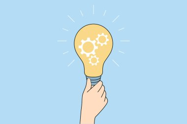 Person holding lightbulb generate creative business idea. Businessperson with light bulb brainstorm solve problem. Solution and innovation. Vector illustration. 