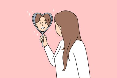 Smiling woman look in heart shaped mirror satisfied with reflection. Concept of self-love and self-acceptance. Vector illustration. 