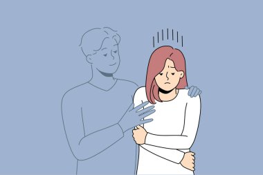 Invisible man hugging upset lonely woman missing love or relationships. Sad girl with male lover silhouette. Loneliness and breakup concept. Vector illustration. 