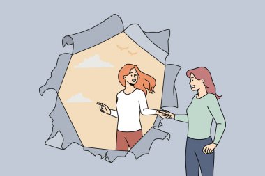 Woman helping friend get rid of depression or anxiety. Caregiver stretch helping hand to female struggling with mental problems. New life and stress relief. Vector illustration. 