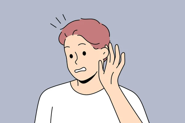 Man Make Hand Gesture Hearing Gossip Rumor Frustrated Male Listening —  Vetores de Stock