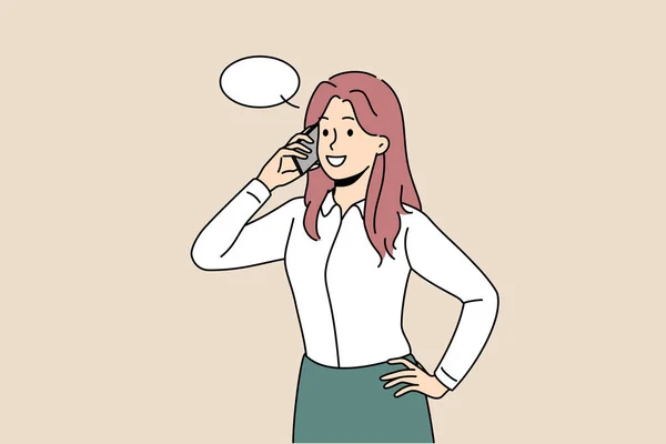 Young Businesswoman Talk Cellphone Client Customer Smiling Woman Employee Have — Vetor de Stock