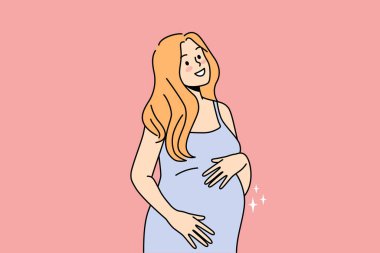 Smiling young woman touching belly excited with pregnancy. Happy pregnant female hold hands caress abdomen. Motherhood concept. Vector illustration. 