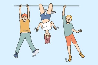 Happy small children have fun playing together outdoors. Smiling kids enjoy sportive active outdoor activity. Childhood. Vector illustration. 