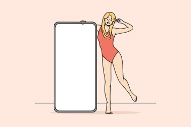 Smiling woman in swimsuit posing with cellphone with mockup screen. Happy girl in bodysuit near smartphone with white copy space display. Influencer concept. Vector illustration. 