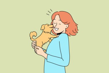 Happy young woman with cute dog in hands. Funny puppy lick smiling female owner show love and affection. Domestic animals. Vector illustration. 