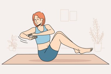 Young woman sweating doing exercises training on mat at home. Sportive motivated girl do sport workout indoors. Physical activity. Vector Illustration. 