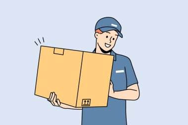 Smiling deliveryman in uniform holding cardboard package. Happy male courier with box deliver order to client. Good delivery service. Vector illustration. 