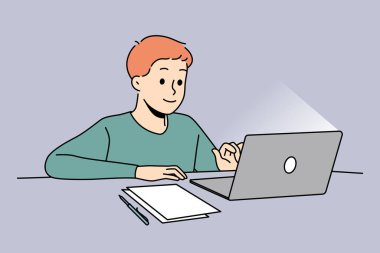 Happy boy child sit at desk studying online on computer. Smiling kid use laptop having remote class at home. Distant education. Vector illustration. 