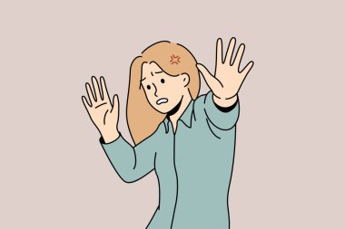 Scared young woman make stop hand gesture feeling danger or confusion. Unhappy female feel panic attack terrified frightened by something. Vector illustration. 