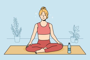 Calm young woman in sportswear sitting on mat practicing yoga at home. Smiling relaxed girl meditating indoors. Meditation and stress relief. Vector illustration. 