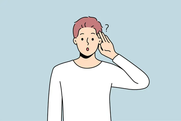 Young Man Make Hand Gesture Listening News Information Confused Male — Stockvector
