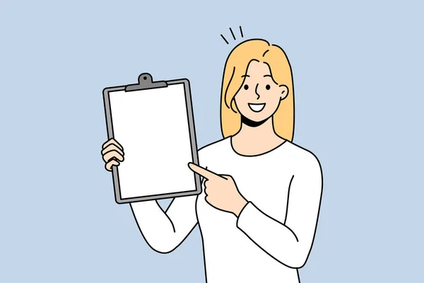 Smiling Businesswoman Showing Folder White Mockup Paper Happy Woman Employee — Stockvector