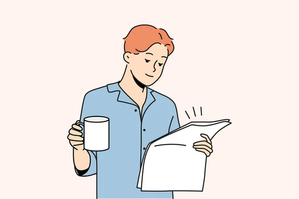 Happy Young Man Pyjama Drinking Coffee Reading Newspaper Smiling Male — Vetor de Stock