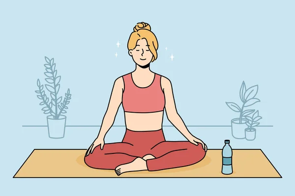 Calm Young Woman Sportswear Sitting Mat Practicing Yoga Home Smiling — Image vectorielle