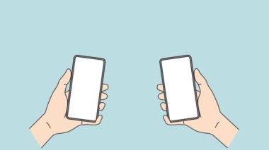 Cep telefonu tutan insanlar internet üzerinden para gönderiyorlar. İnternette akıllı telefondan kolay para transferi. Modern teknoloji. Hareket illüstrasyonu. 