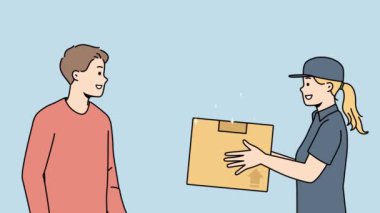 Kurye mutlu müşteriye paketi teslim eder. Erkek müşteri posta paketi ya da sipariş teslimatı için nakit öder. İyi kalite servis. Hareket illüstrasyonu. 