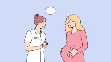 Doktor klinikte hamile bir kadınla konuşuyor. Hemşire ya da jinekolog hastanede olması için müstakbel anneye danıştı. Hamilelik ve annelik. Hareket illüstrasyonu. 