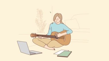 Dizüstü bilgisayarda gitar çalan genç bir kadın. Kadın müzik enstrümanında çalmayı bilgisayar başında sanal web kamerası sınıfı ile öğreniyor. Hobi olarak. Hareket illüstrasyonu. 