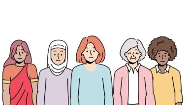 Çok kültürlü bir kadın el hareketi yapmıyor. Kararlı çok ırklı kadınlar reddedilmeyi ya da reddedilmeyi gösterir. Kadın hakları ve ayrımcılık. Hareket illüstrasyonu. 