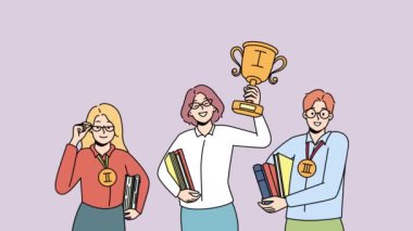 Ödüllü mutlu iş adamları zaferi ya da zaferi kutluyor. Gülümseyen motive çalışanlar ödüllerle zafer kazanırlar. Hareket illüstrasyonu. 