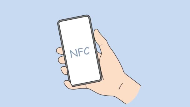 屏幕上拿着Nfc手机的人 客户使用近场通信技术在线支付 现代技术和小玩意 运动图解 — 图库视频影像