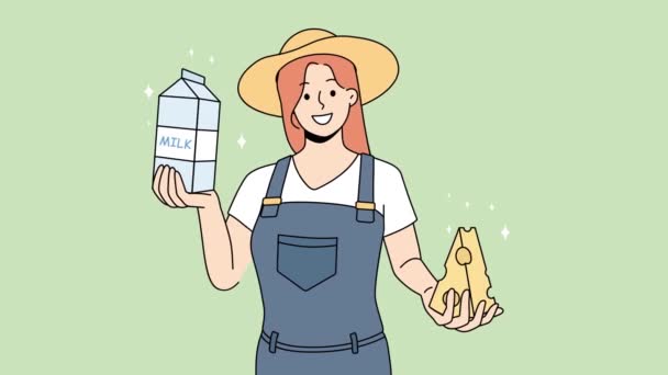 Mujer Agricultora Sonriente Sosteniendo Productos Lácteos Mujer Feliz Ofrecen Productos — Vídeos de Stock