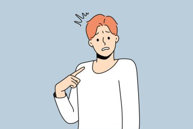 Young confused man point at himself feel insecure and frustrated. Male pointing at self wonder who. Frustration and self-confidence. Vector illustration. 