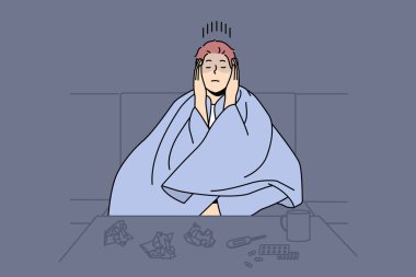 Man sitting in blanket struggle with cold or influenza. Unhealthy male suffer from covid or flu taking meds relaxing at home. Healthcare and medicine. Vector illustration. 