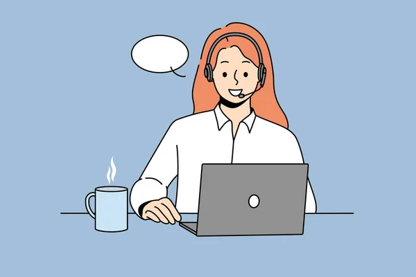 Smiling Woman Headset Sit Desk Talk Video Call Computer Happy — Stockvector