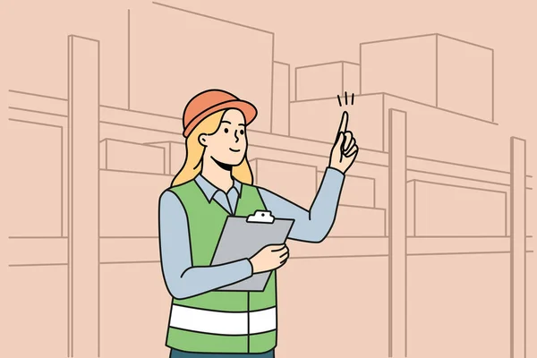 Woman Engineer Uniform Working Warehouse Female Employee Helmet Busy Depot — Stock Vector