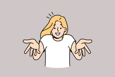 Smiling young woman talking with camera. Happy millennial girl feel joyful and uplifted making hands gestures. Vector illustration. 