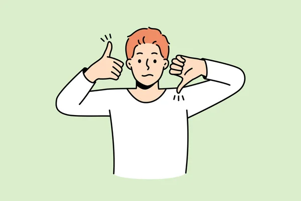 Frustrated Man Show Dislike Hand Gestures Demonstrate Client Feedback Service — Vetor de Stock