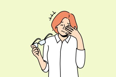 Unhealthy woman take off glasses suffer from migraine. Unwell female struggle with dizziness or blurry vision. Sight problem and healthcare. Vector illustration. 
