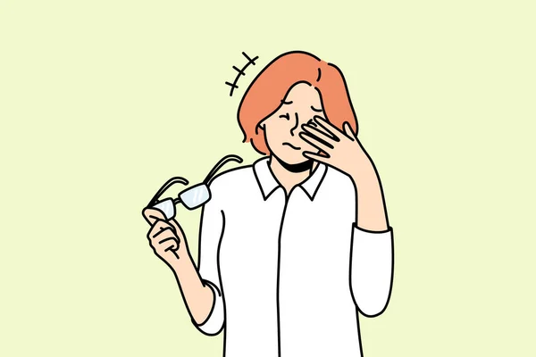 Unhealthy Woman Take Glasses Suffer Migraine Unwell Female Struggle Dizziness — Stockový vektor