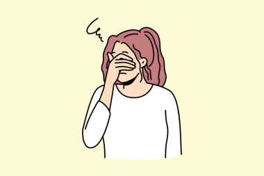 Mutsuz, genç bir kadın gözlerini kapatıyor. Tekrar eden düşüncelerden ya da aşırı düşünmekten depresyona giriyor. Ruhsal ya da psikolojik sorunlarla boğuşan üzgün bir kız. Vektör illüstrasyonu. 