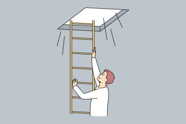 Man climbing up ladder to light. Smiling motivated male go up open new opportunities or perspectives. Bright future ahead. Vector illustration. 