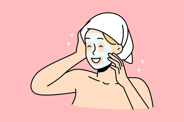 Happy Young Woman Towel Head Facial Mask Enjoy Beauty Procedure — Stok Vektör