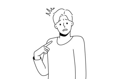 Young confused man point at himself feel insecure and frustrated. Male pointing at self wonder who. Frustration and self-confidence. Vector illustration. 