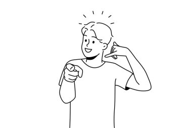 Smiling guy making hand gesture asking to call back. Happy man demonstrate callback sign. Nonverbal communication. Vector illustration. 