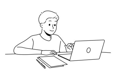 Happy boy child sit at desk studying online on computer. Smiling kid use laptop having remote class at home. Distant education. Vector illustration. 