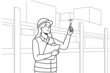 Woman engineer in uniform working at warehouse. Female employee in helmet busy at depot or storehouse. Vector illustration. 