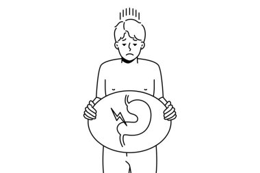 Unhealthy man suffer from indigestion problem. Unhappy sick guy holding image of sick body organ struggle with stomachache. Healthcare concept. Vector illustration. 